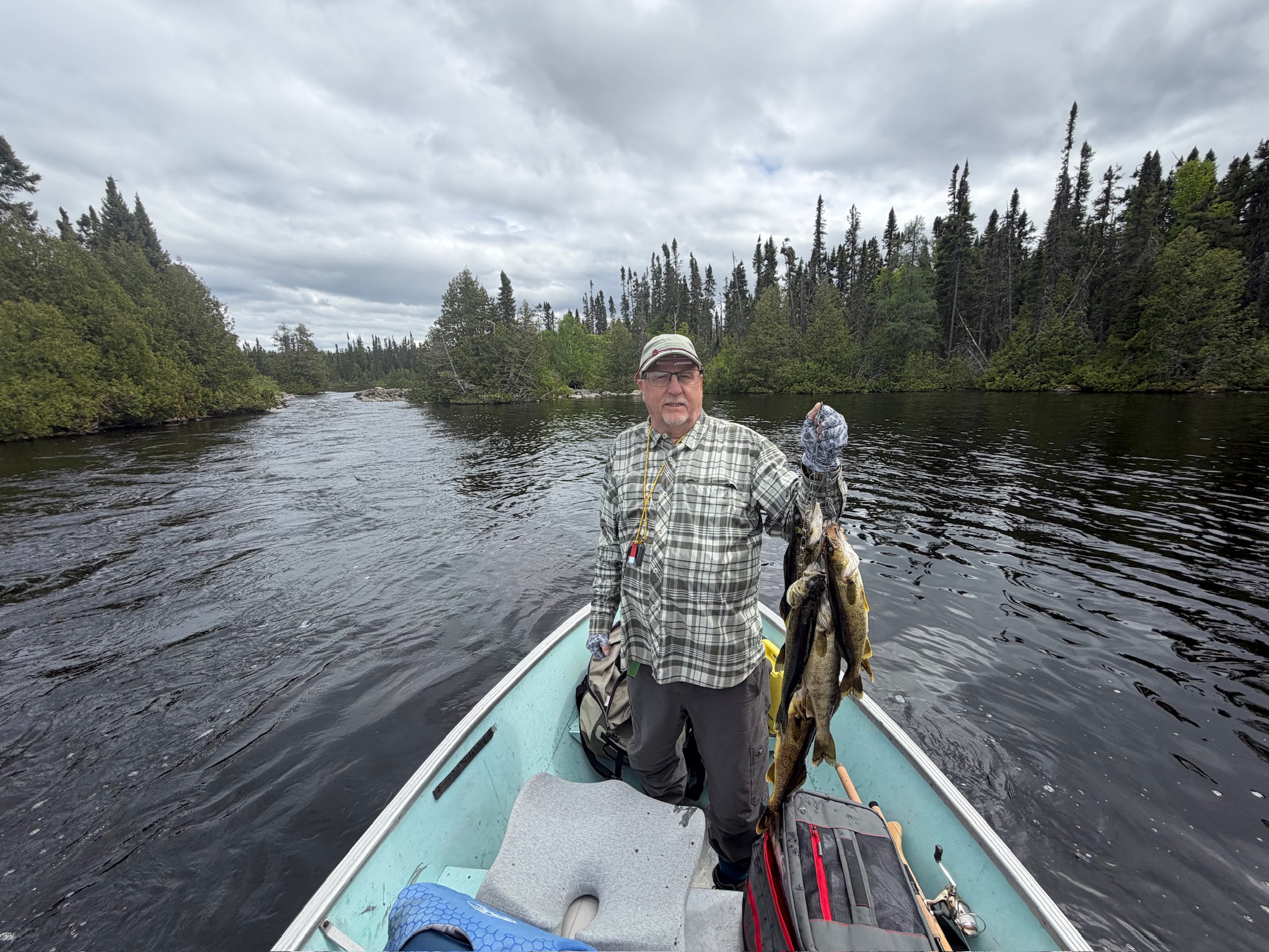 Angler on a forest-lined river with Gray Wood Outfitters